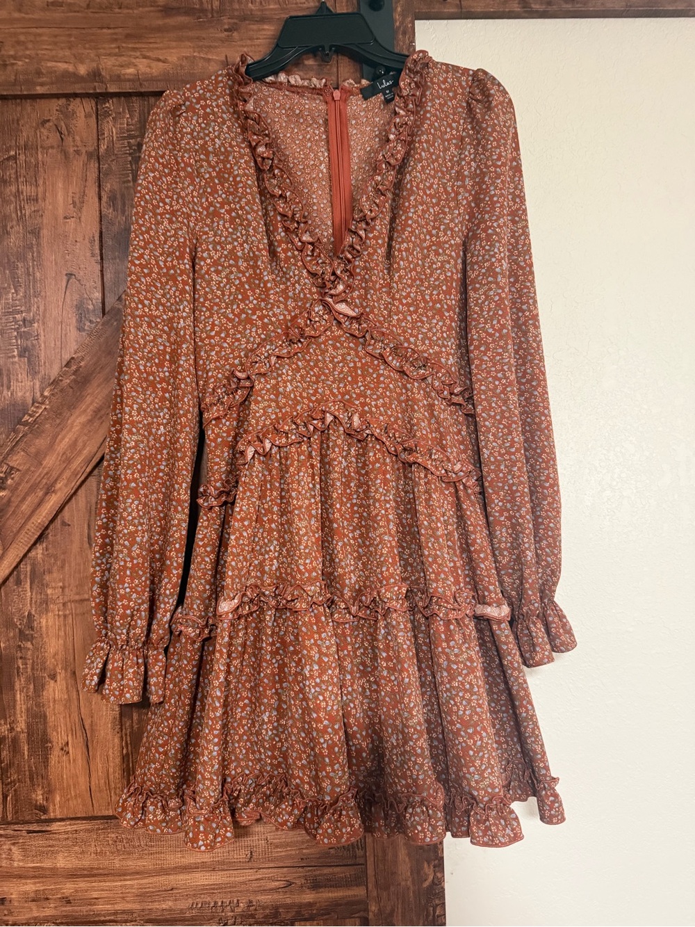 Lulu's Rust Floral Ruffle Tiered Long-Sleeve Mini Dress with Puff Sleeve